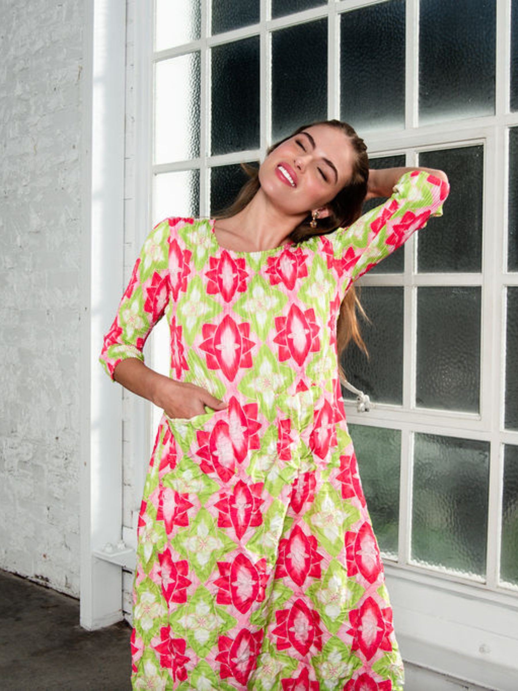 3/4 Sleeve Smash Pocket Dress - Prints