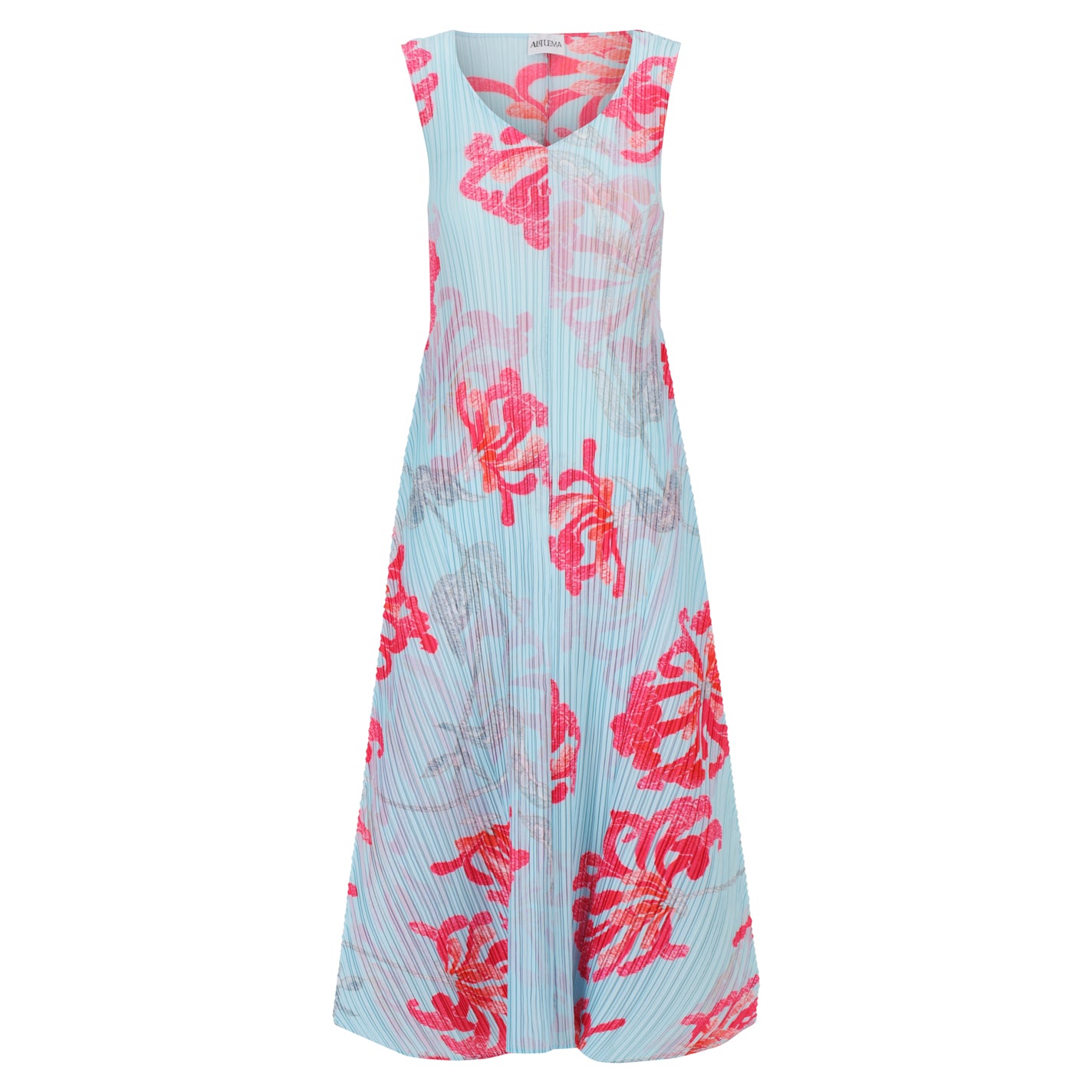 Light blue dress with pink floral pattern on a white background