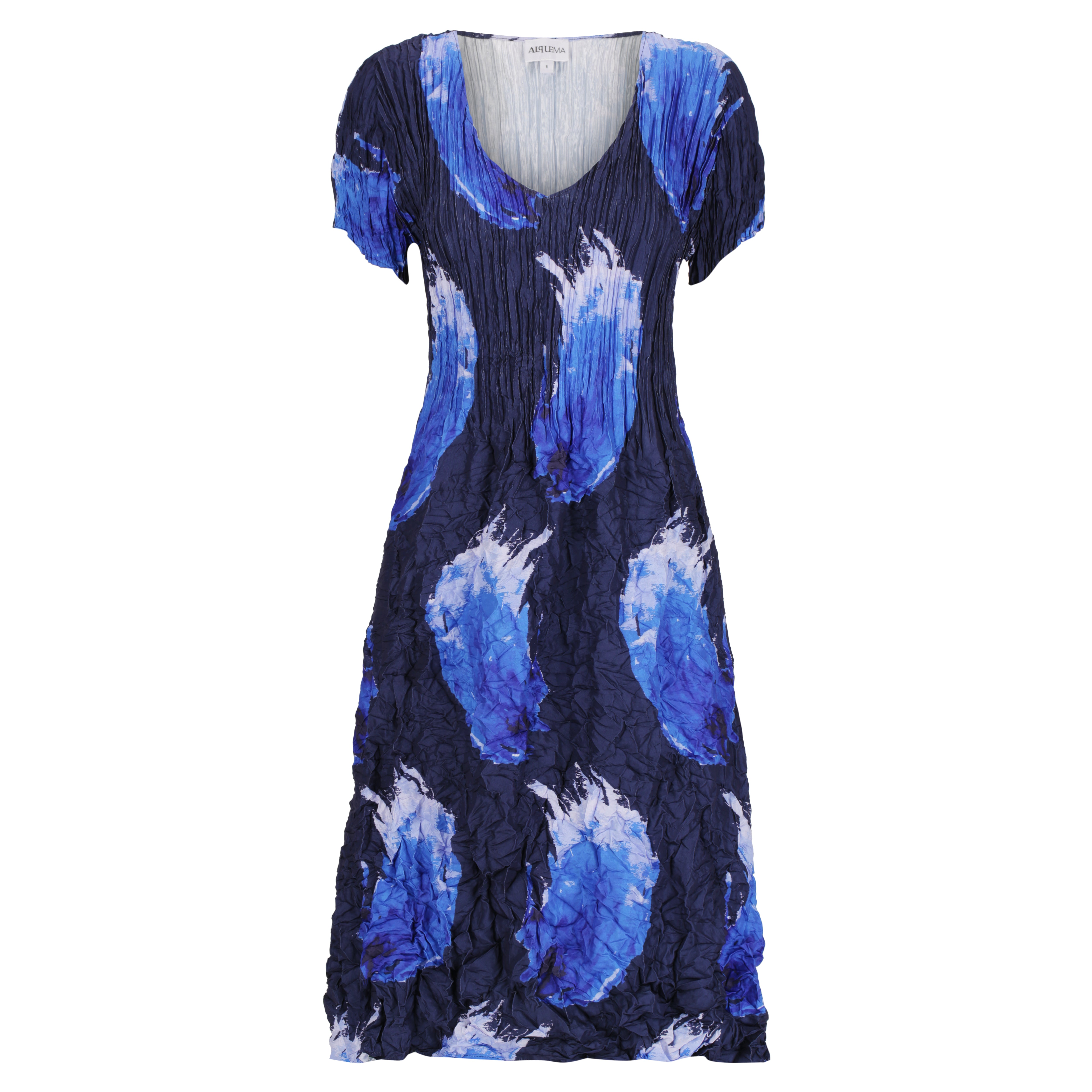 A cap sleeve dress with a V-neck and a geometric pattern of dots and circles on a white background.