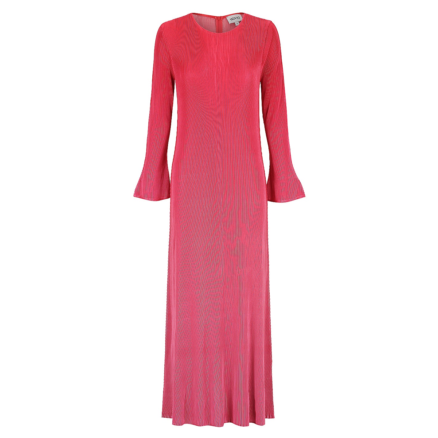 A pink maxi dress with a high neckline, tight straight pleat, and flared cuffs and hem.