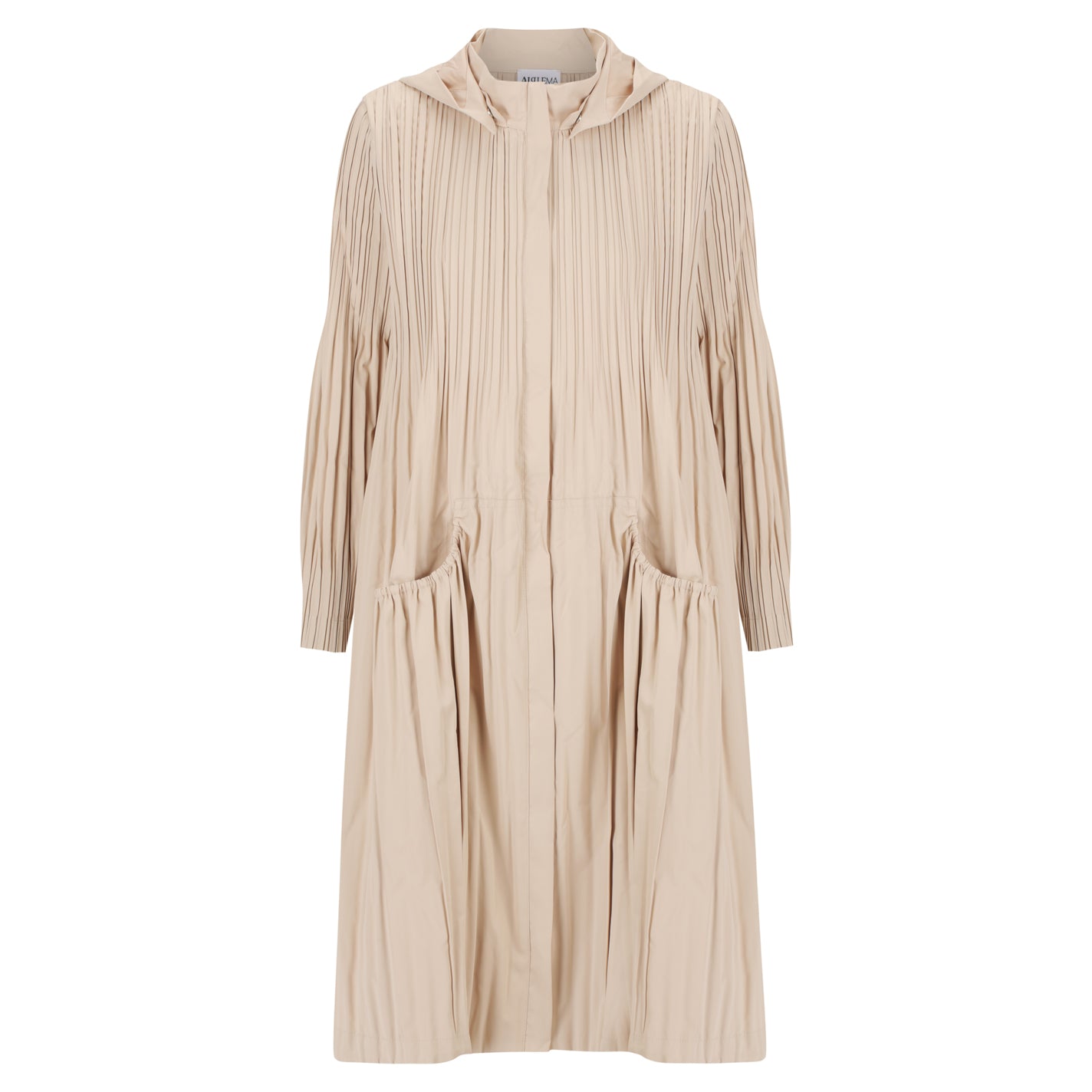 Beige pleated Jacket with a hood on a white background