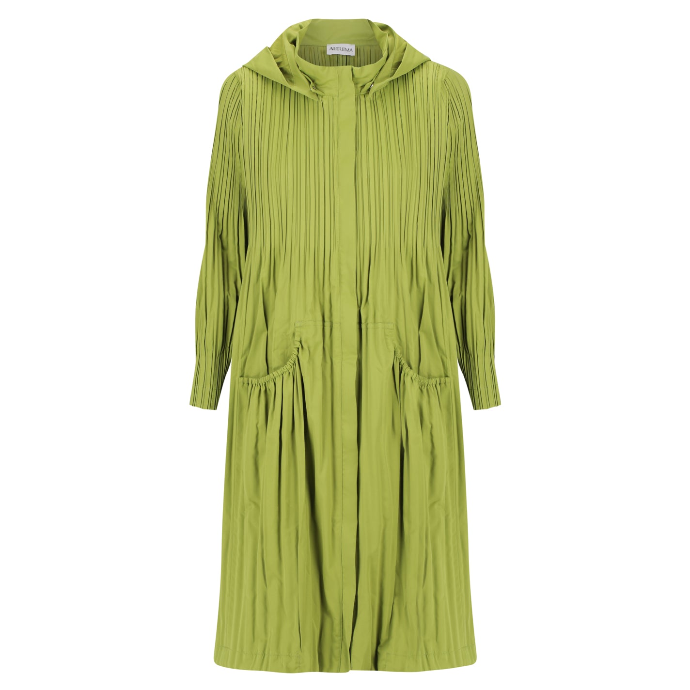 Green pleated dress with a hood on a white background